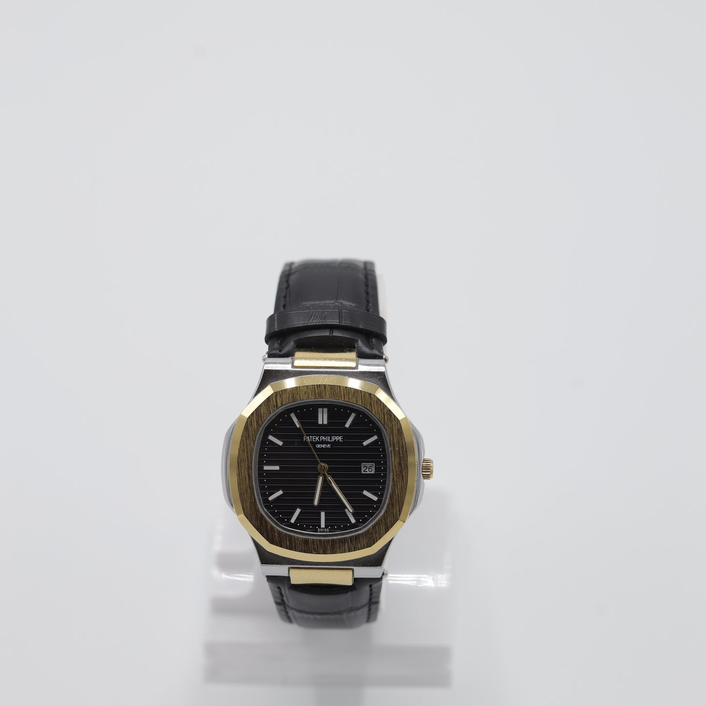 Patek Philippe Nautilus Style Watch - Classic Black and Gold Dial & Leather Strap