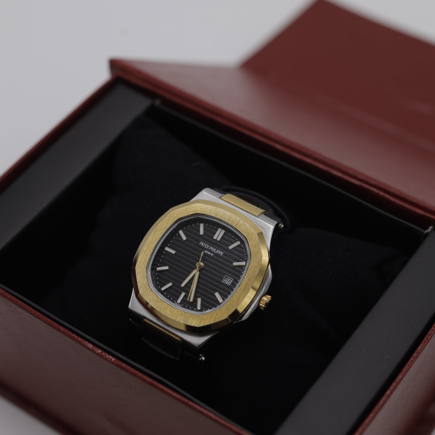 Patek Philippe Nautilus Style Watch - Classic Black and Gold Dial & Leather Strap