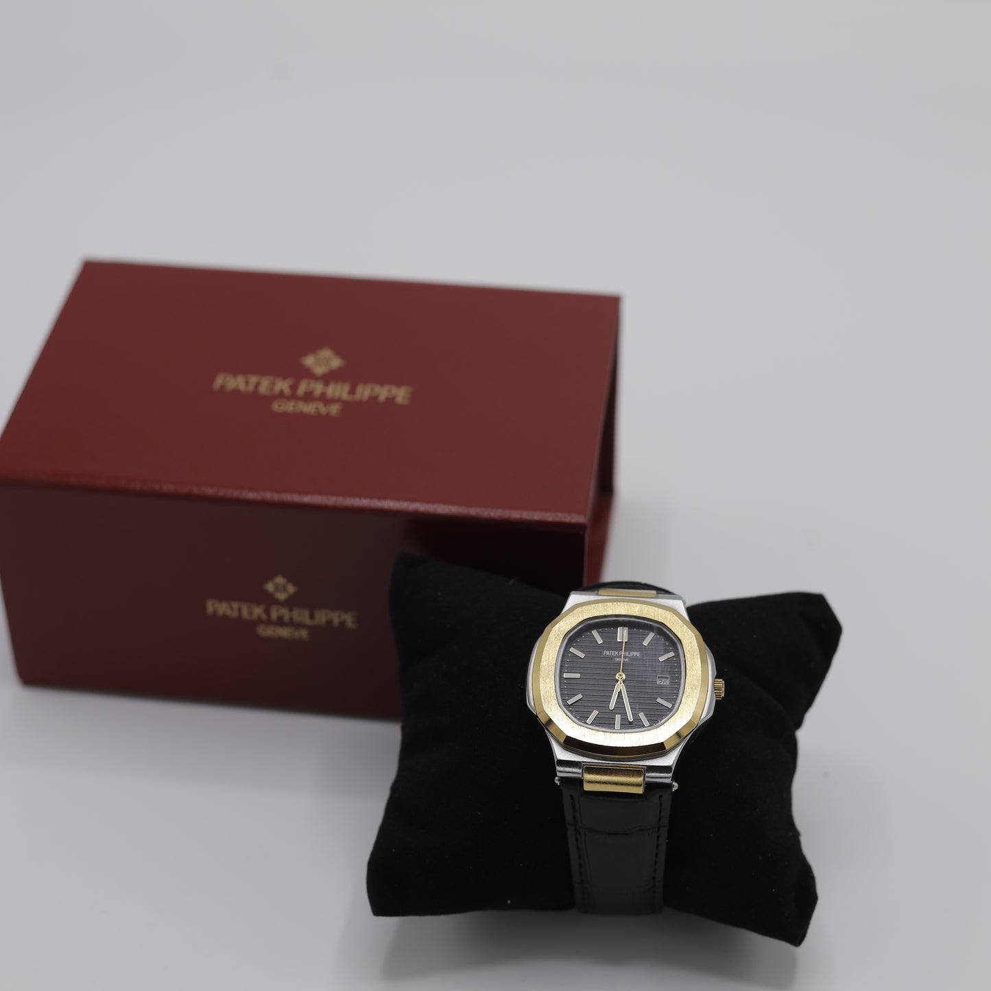 Patek Philippe Nautilus Style Watch - Classic Black and Gold Dial & Leather Strap
