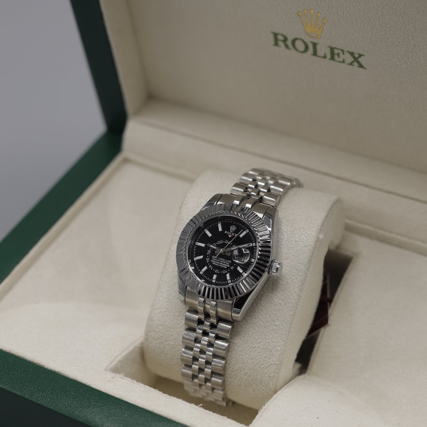 Rolex Sky-Dweller White Rolesor Black Dial Jubilee Bracelet