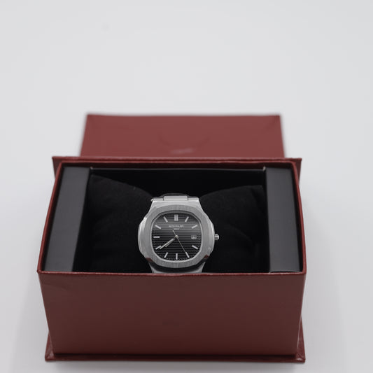 Patek Philippe Nautilus Style Watch - Classic Black Dial & Leather Strap