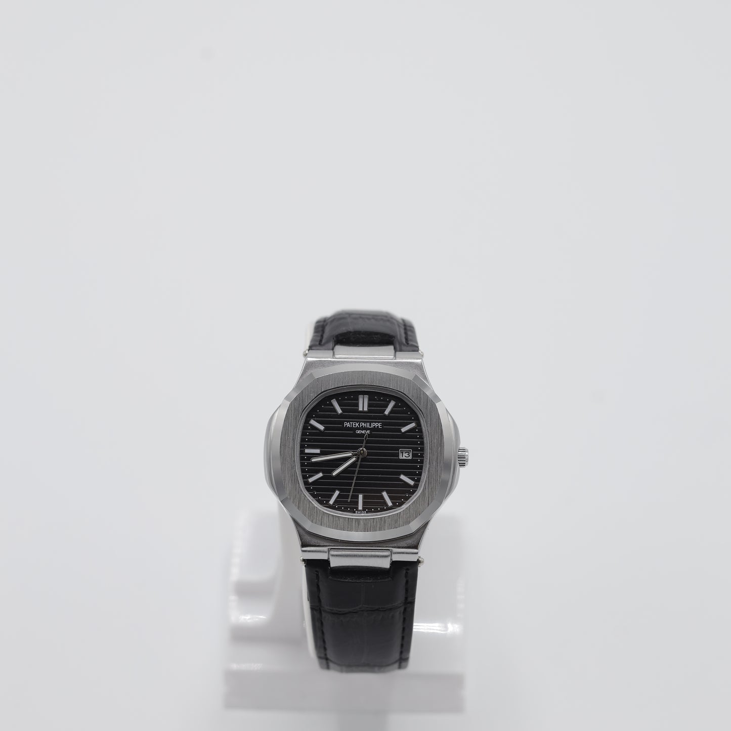 Patek Philippe Nautilus Style Watch - Classic Black Dial & Leather Strap
