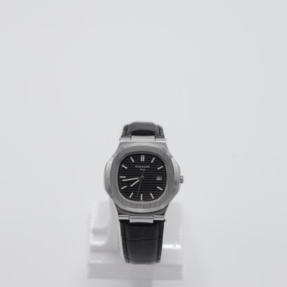 Patek Philippe Nautilus Style Watch - Classic Black Dial & Leather Strap