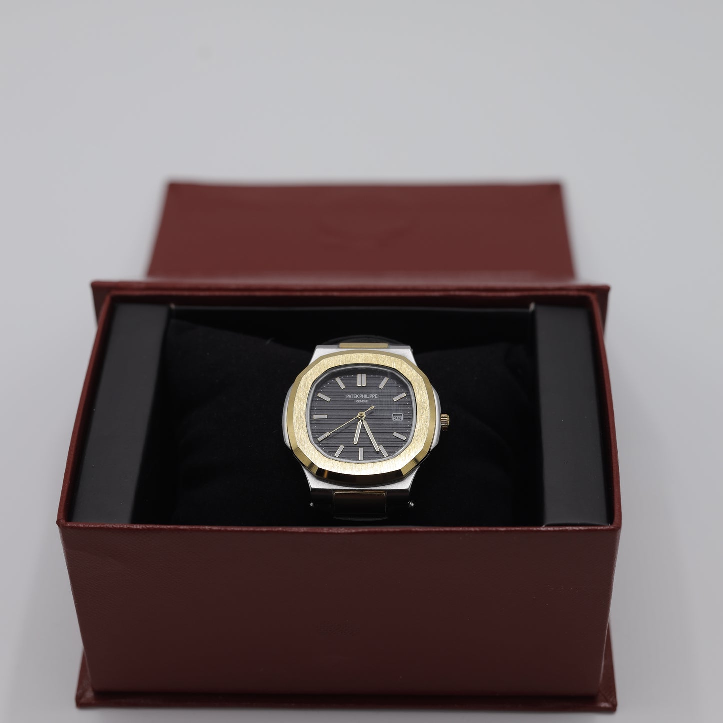 Patek Philippe Nautilus Style Watch - Classic Black and Gold Dial & Leather Strap
