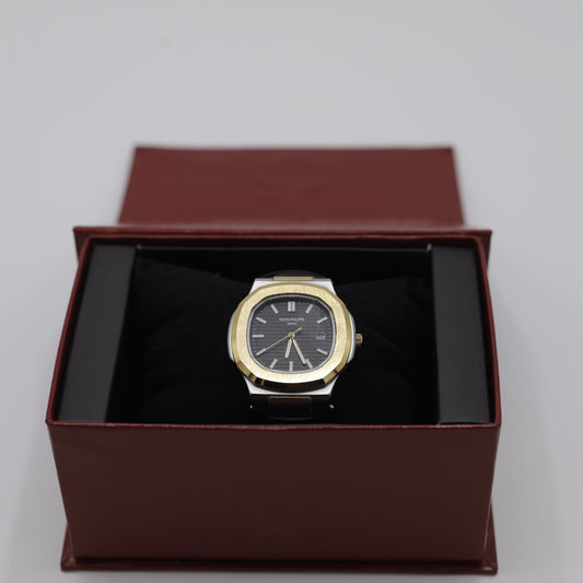 Patek Philippe Nautilus Style Watch - Classic Black and Gold Dial & Leather Strap