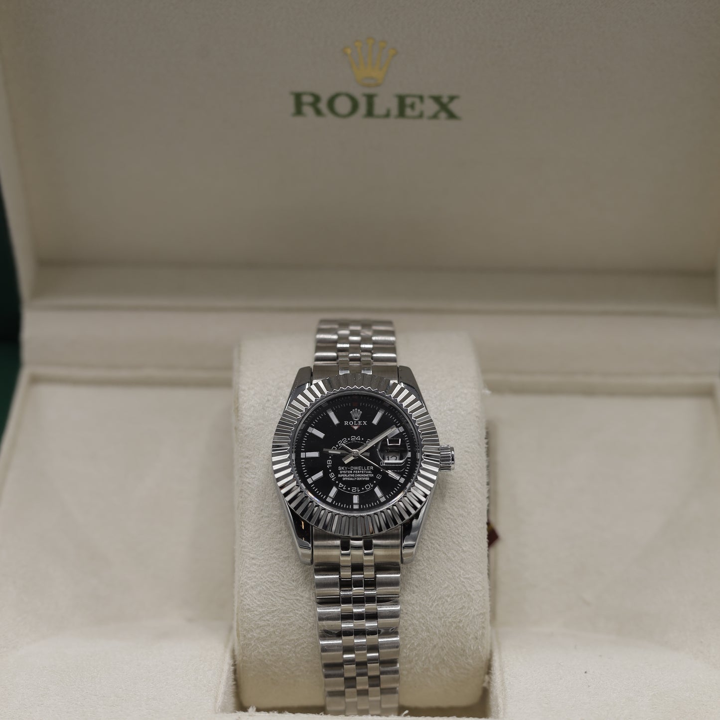 Rolex Sky-Dweller White Rolesor Black Dial Jubilee Bracelet